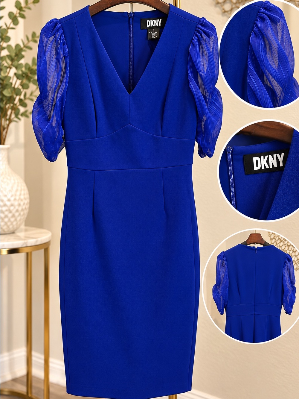 DKNY Cobalt Blue V-Neck Midi Dress with Sheer Puff Sleeves